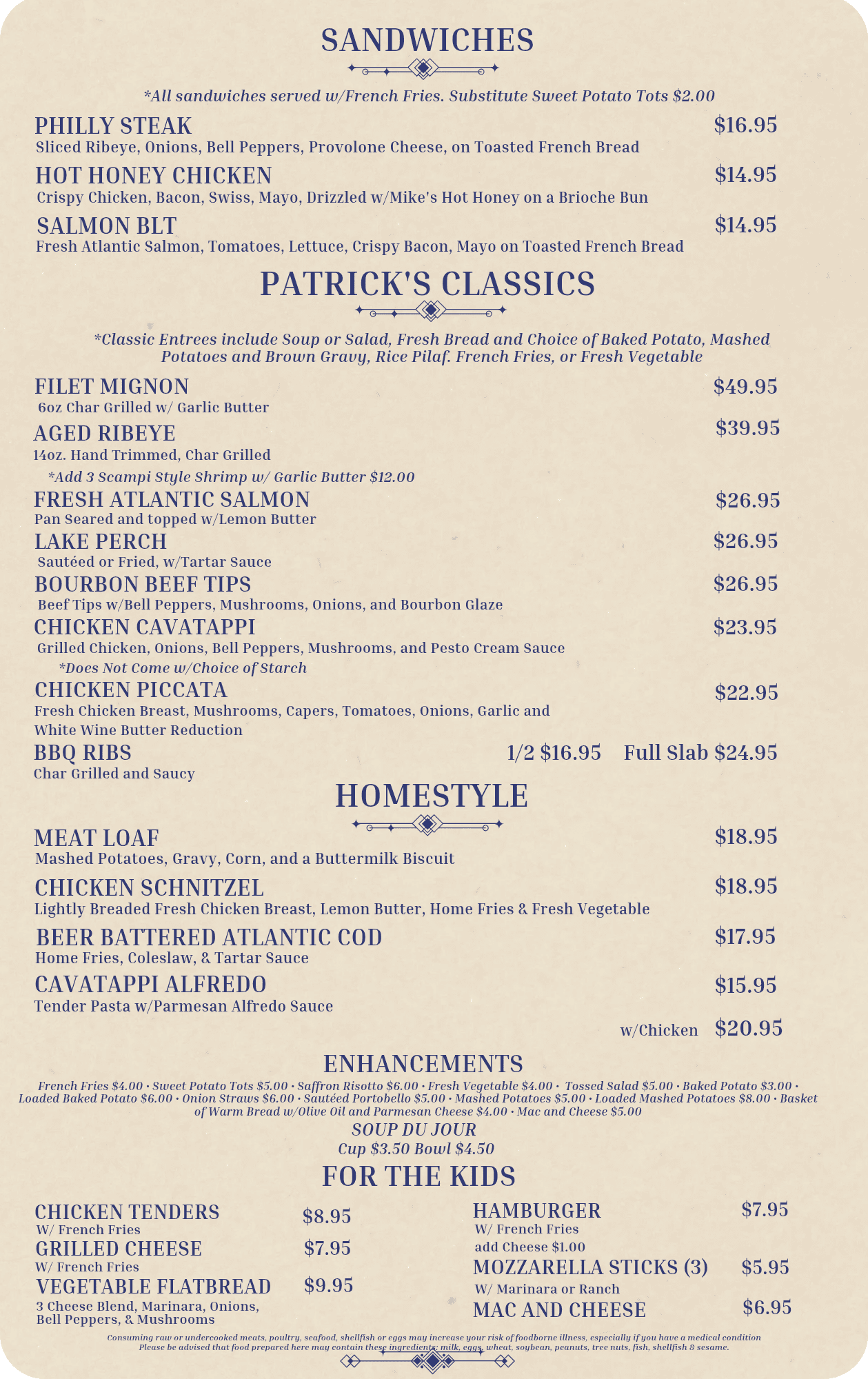 Continuation of Menu Items, including Sandwiches, Kids Menu, and Ala Cart Items